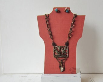 SALE One Petite Necklace Bust Reversible - Rust Orange / Cream - Recycled Book Necklace Jewelry Display