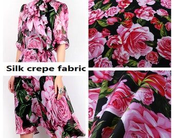 Wholesale -SALE, Black Silk Fabric with Pink Rose Style, Silk Crepe Fabric, for Wedding-55 inches wide