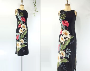 60s Hawaiian Dress Bark Cloth Dress Black Floral Dress Sheath Dress Vintage Summer Dress Iolani xs