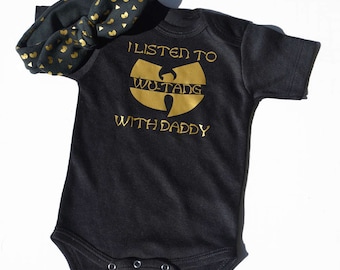 wu-tang baby bodysuit and bow set / onepiece /wu tang baby /aztec pattern /black and gold bodysuit /hip hop baby /baby shower gift set