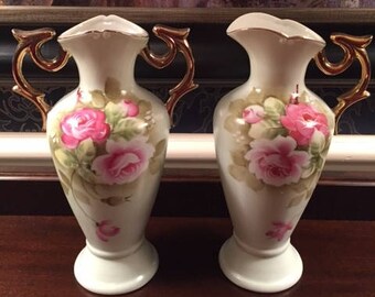 Vintage Lefton Hand Painted Vase and Pitcher in Green Heritage Rose Pattern 1950s