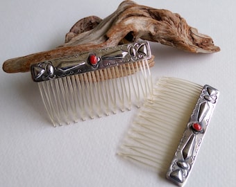 Navajo Sterling Silver Hair Combs with Coral Accent - Signed Willie Shaw - Gift for Her