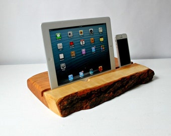 Phone and tablet docking station, reclaimed live edge wood, perfect gift