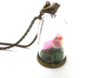 Bird on Moss glass globe necklace