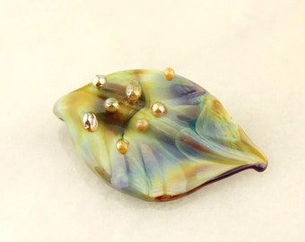 Lampwork Bead, Leaf Glass Focal Pendant, Blue, Purple, Green