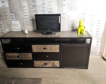 Furniture industrial tv blackened steel and solid grey tree