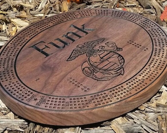 Personalized Engraved Black Walnut Cribbage Board. Large Round Board with Name and Image Engraving.