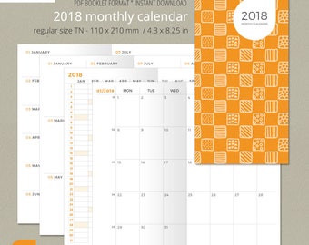 Regular size Monthly Planner 2018, Printable Travelers Notebook Insert, Midori inserts, Fauxdori inserts, Printable planner, FIRE ORANGE