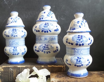Vintage Apothecary Jars. French Vintage Hand Painted Ceramic jars. Bathroom storage and decor