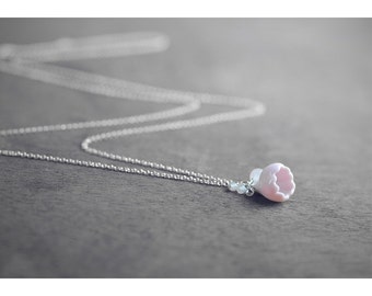 Sakura ceramic necklace, Cherry blossom necklace Rose quartz necklace Pink necklace Silver necklace Floral necklace Mothers necklace -boohua