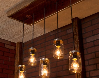 Mason Jar Lights With Reclaimed Wood And 5 Pendants. R-1434-CMJ- Jars Lighting H mason jars lighting. Mason Jar Lights With Reclaimed Wood And 5 Pendants. R-1434-CMJ- Jars Lighting H