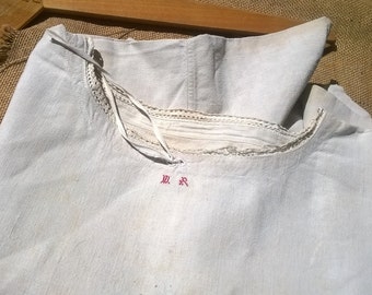 Rustic Victorian 1850s Linen dress Off White Handmade French Country Side Red Monogram Medium Large Costumes Movies Plays #sophieladydeparis