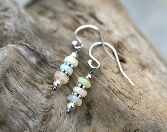 Ethiopian Opal Gemstone Stacked Earrings, Sterling Silver Earrings, Welo Opal Earrings, October Birthstone, Minimalist Opal Earrings