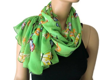 Spring green butterfly scarf-long chiffon scarf with butterflies-Parisian Neck Tissu