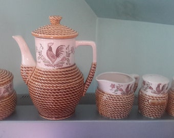 Vintage Japan Wicker Rooster Ceramic coffeepot, creamer, sugar, salt and pepper set