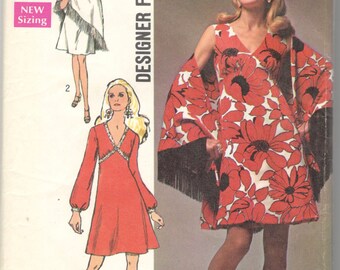 1970s Simplicity 8727 Designer Fashion Misses Empire Waist Dress Fringed Shawl Pattern Womens Vintage Sewing Pattern Size 10 Bust 32 UNCUT