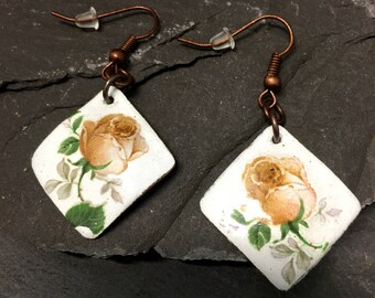 floral enamel earrings / dangle earrings / roses / hand crafted handmade copper earrings / vintage style enamelled copper earrings