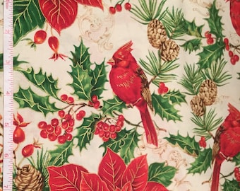 A Happy Christmas Cardinals & Poinsettias Ecru