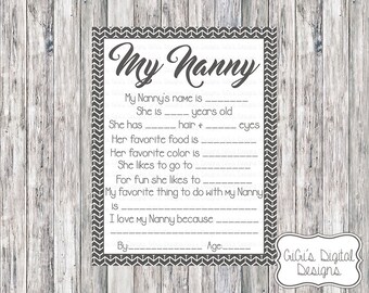 Printable My Nanny Survey, Nanny Survey, Nanny questionnaire, Mother's Day Survey, Mother's Day, Nannny Gift, Grandparents Day gift idea
