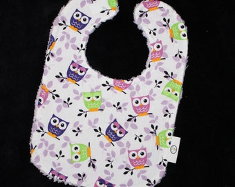 Lavender and Green Owls Fabric and Chenille Boutique Bib