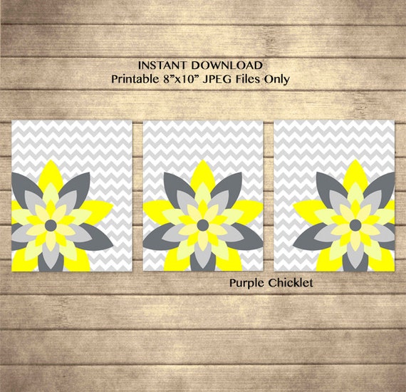 Yellow and Gray Wall Art Flower Burst Set 8x10 Printable Art