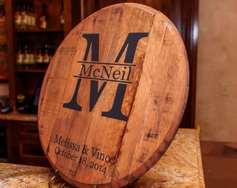 bourbon barrel head - Monogram and Last name personalized - Great wedding gift.