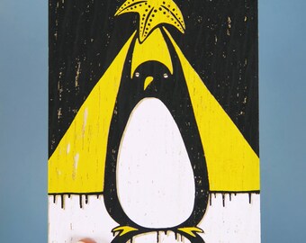 Pinquin christmas card hand screenprinted on wood