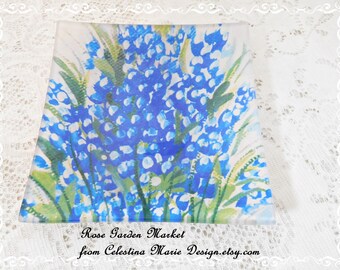 Blue Bonnets Hand Painted Design Added to Glass 6" Square,Display, Serving, Collectible, ECS