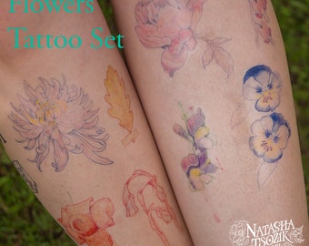 8 Temporary Tattoos with Watercolor Flowers