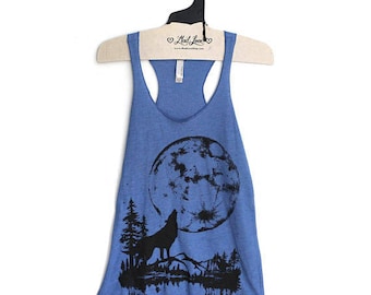 XL - Tri-Blend Blue Racerback Tank with Moon Wolf Screen Print