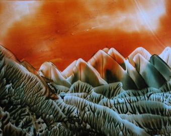 4X6 Forest Green, Burnt Orange Landscape / Encaustic (Wax) Original Painting / Postcard Size Art / Desk Art / SFA (Small Format Art)
