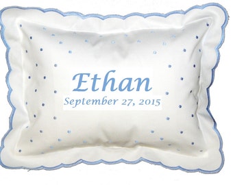 Monogrammed Personalized Baby Pillow / Swiss Dot Style / Name and Date