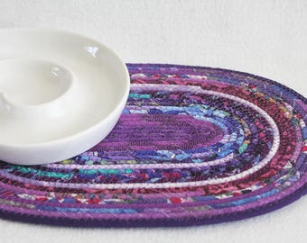 Fabric Coiled Mat / Coiled Rope Mat / Placemat / Hot Pad / Trivet / Purple Passion Oval Coiled Mat by PrairieThreads