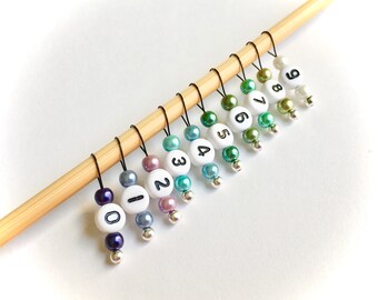 Snag Free Stitch Markers - Small - Set of 10 - Blues Purples and Greens with Numbers - K39 - Fits up to Size US 8 (5mm) Knitting Needles