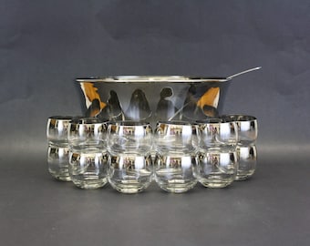 Vintage Mid Mod Silver Ombre Punch Bowl with Ladle and 12 Roly Poly Glasses (E8394)