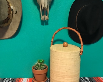 Vintage Mid Century Raffia and Faux Bamboo Tall Ice Bucket