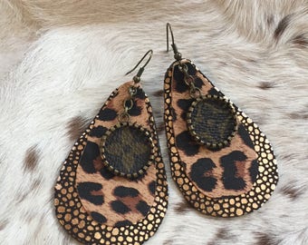 Best Seller Authentic Louis Vuitton Canvas upcycled earrings teardrop with leopard and rose gold leather