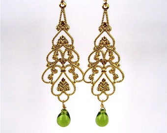 Gold Filigree Clip On Earrings, Olive Green Glass Teardrop, Long Dangle Clipons, Lightweight Clip Earrings, Avocado Green Drop, Shawna