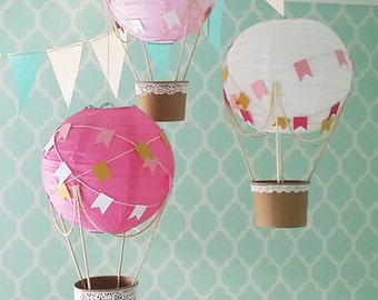 Whimsical Hot Air Balloon Decoration DIY kit HOT PINK , nursery decor , Baby shower , Baby Girl nursery , travel theme nursery - set of 3