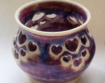 Purple, Magenta and Blue Votive Candle Holder or Luminary with Heart Cut-outs - Wheel Thrown Pottery