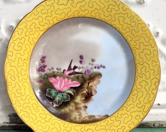 Antique Bird Plate Hand Painted Yellow With Pink Bird Gold trim
