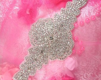 TS163 Bridal Sash Silver Beaded Crystal Clear Glass Rhinestone Applique 14.5" (TS163-slcr)