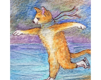 Ice skating cat 8 x 10 inch print in a hurry ginger cat tabby figure skater on the ice he's late for a very important date by Susan Alison