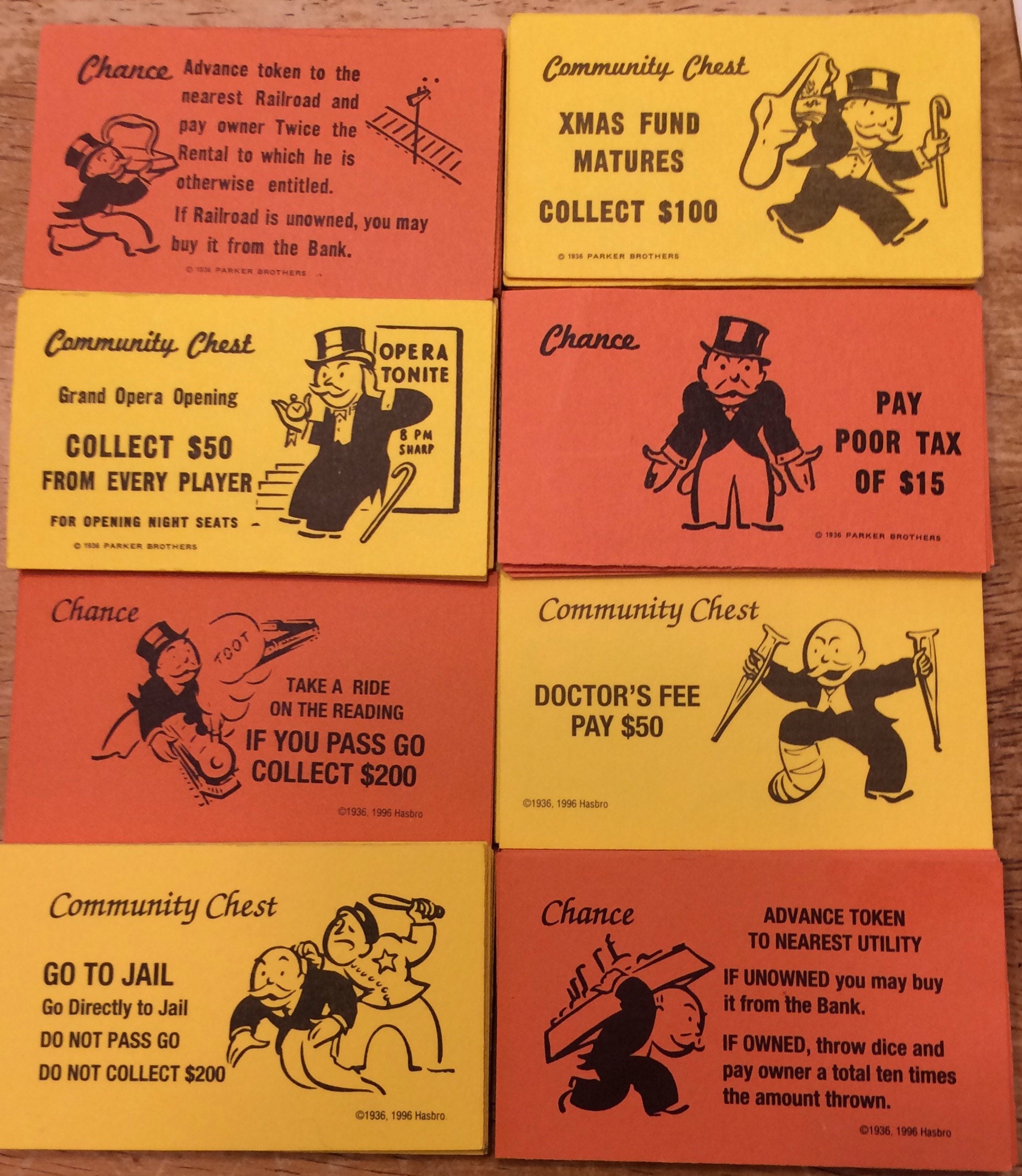 4 Complete Sets of Monopoly Community Chest and Chance Cards