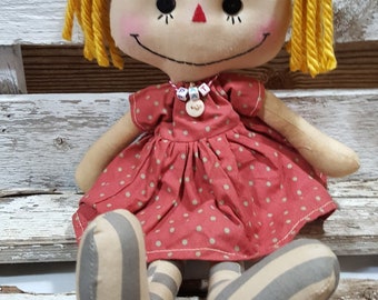 Raggedy Annie Kathy Annie Primitive Doll Raggedy Ann Pink And Brown Polka Dot Dress Annie Doll Ready To Ship!