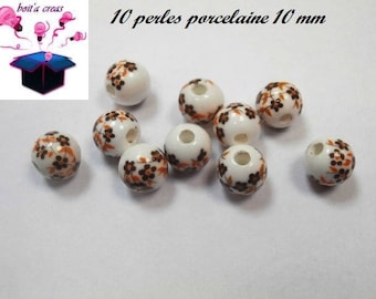 porcelain with Brown flowers 10 mm 10 beads