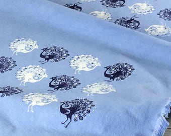 Blue fabric piece boho style fabric peacock pattern hand printed hand dyed fabric for sewing bag making fabric quilting crafting making