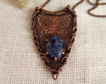 Jewelry necklace pendant Copper pendant Gemstone dumortierite Handmade pendant Butterfly in jewelry Blue gemstone pendant
