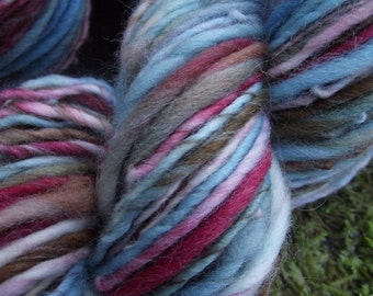 Handspun yarn, Organic Polwarth wool yarn handpainted yarn, worsted thick and thin-Little Bird
