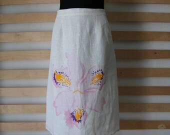 Vintage Finnish Pure Linen Pencil Skirt with Flower Print Ivory White Midi Skirt Size M/L